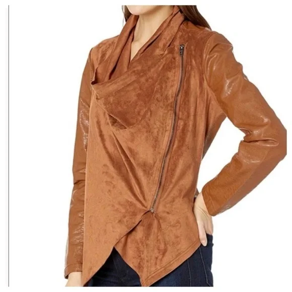 Blank NYC Draped Moto Faux Vegan Leather Mixed Media Jacket S. - Picture 7 of 8